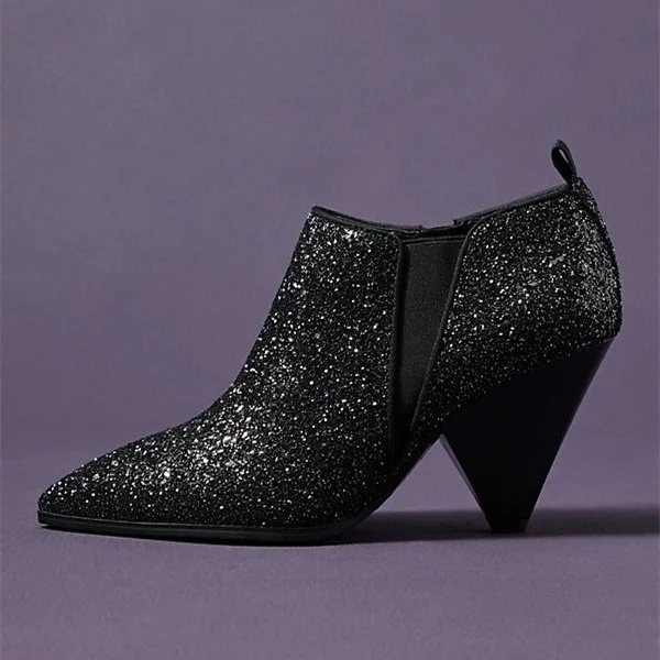 Black Glitter Cone Heel Chelsea Ankle Boots |FSJ Shoes