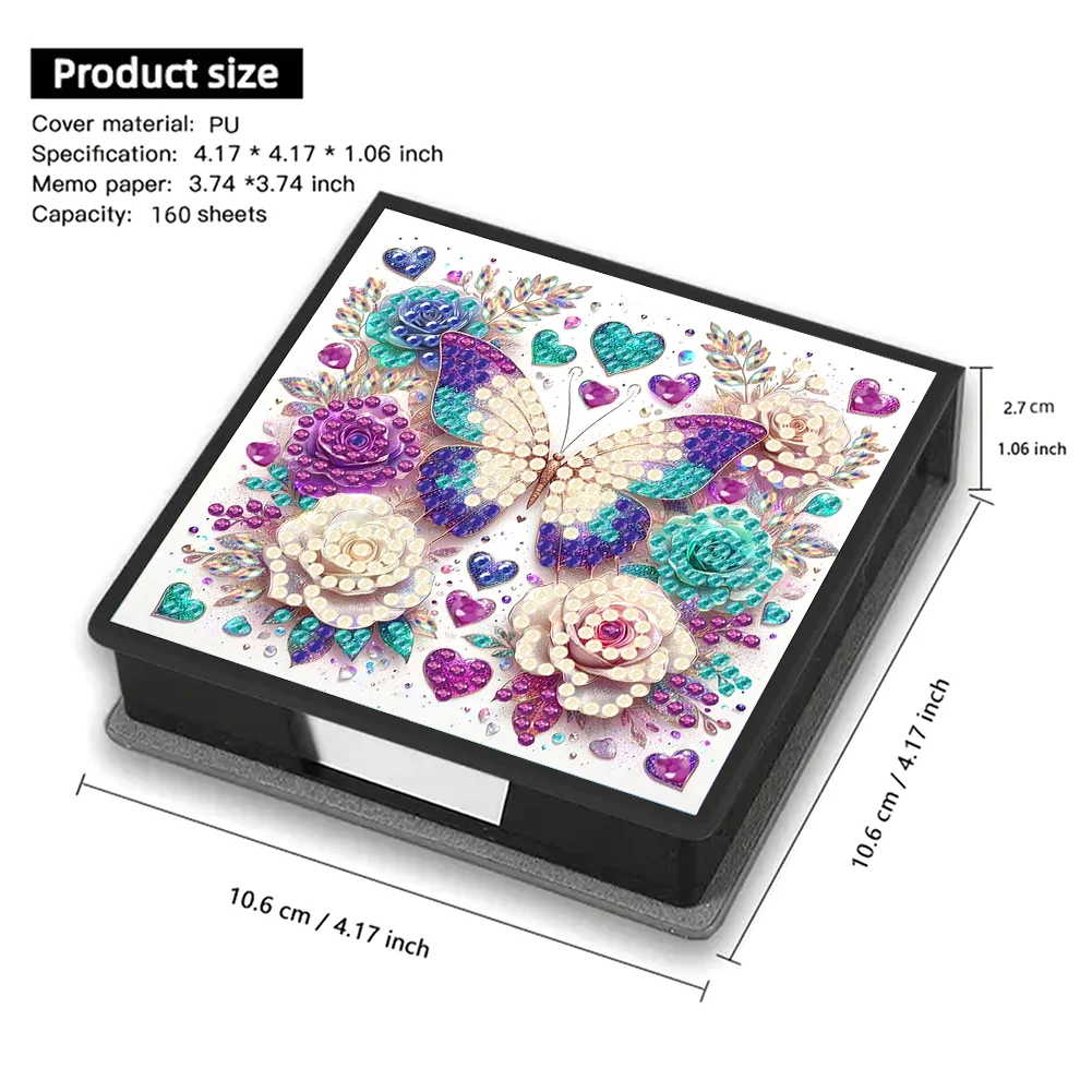 DIY Flower Butterfly Leather Diamond Art Note Box with 160 Sheets of Paper for Beginners