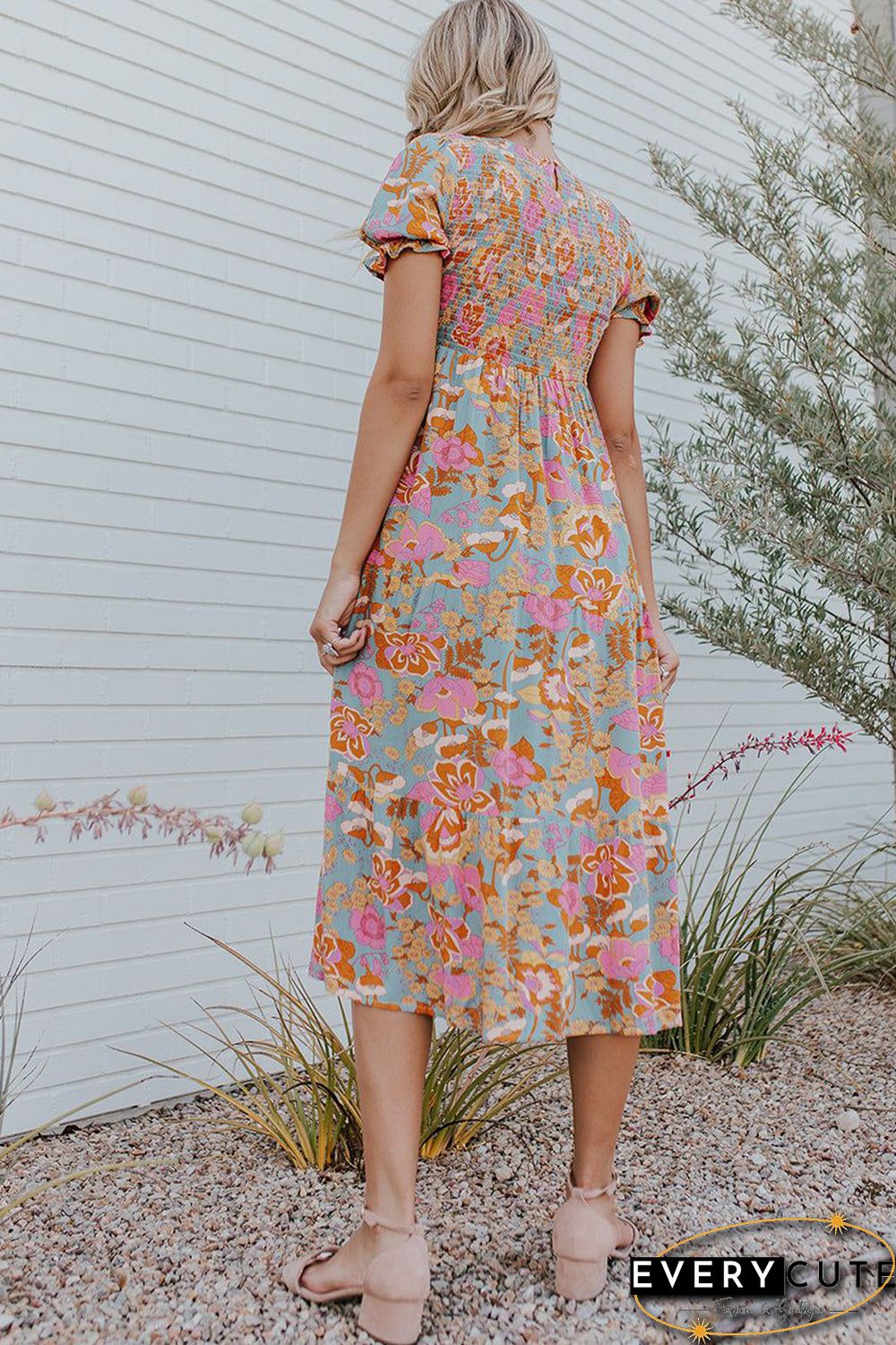Sky Blue Floral Bubble Sleeve Smocked Flowy Ruffle Dress