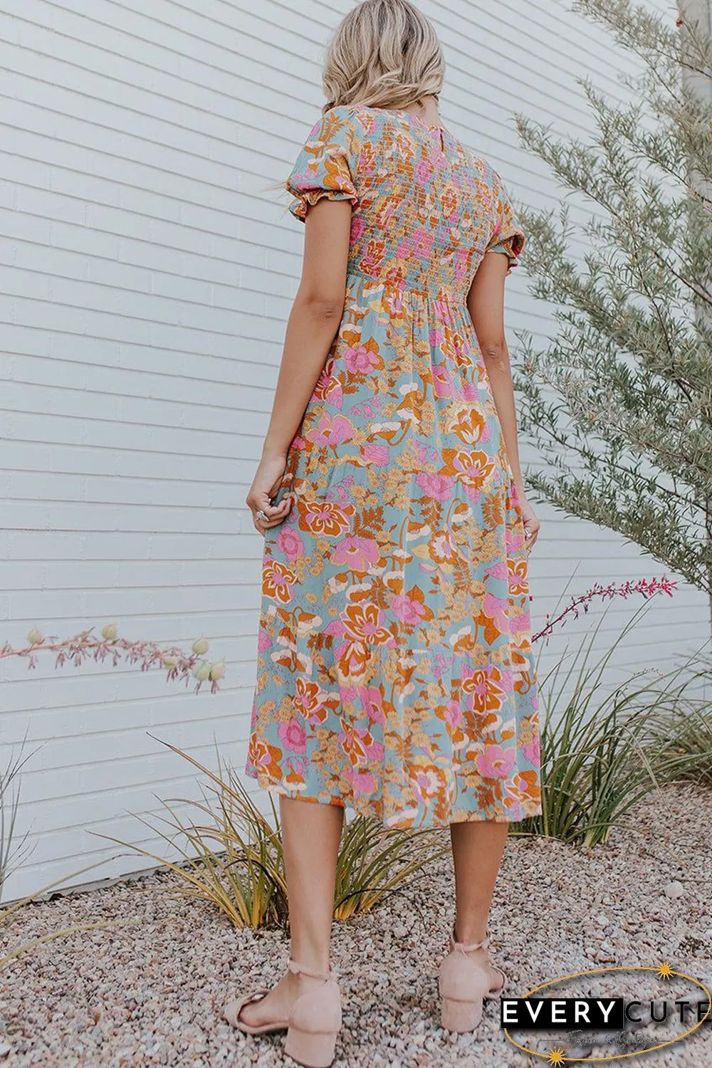 Sky Blue Floral Bubble Sleeve Smocked Flowy Ruffle Dress