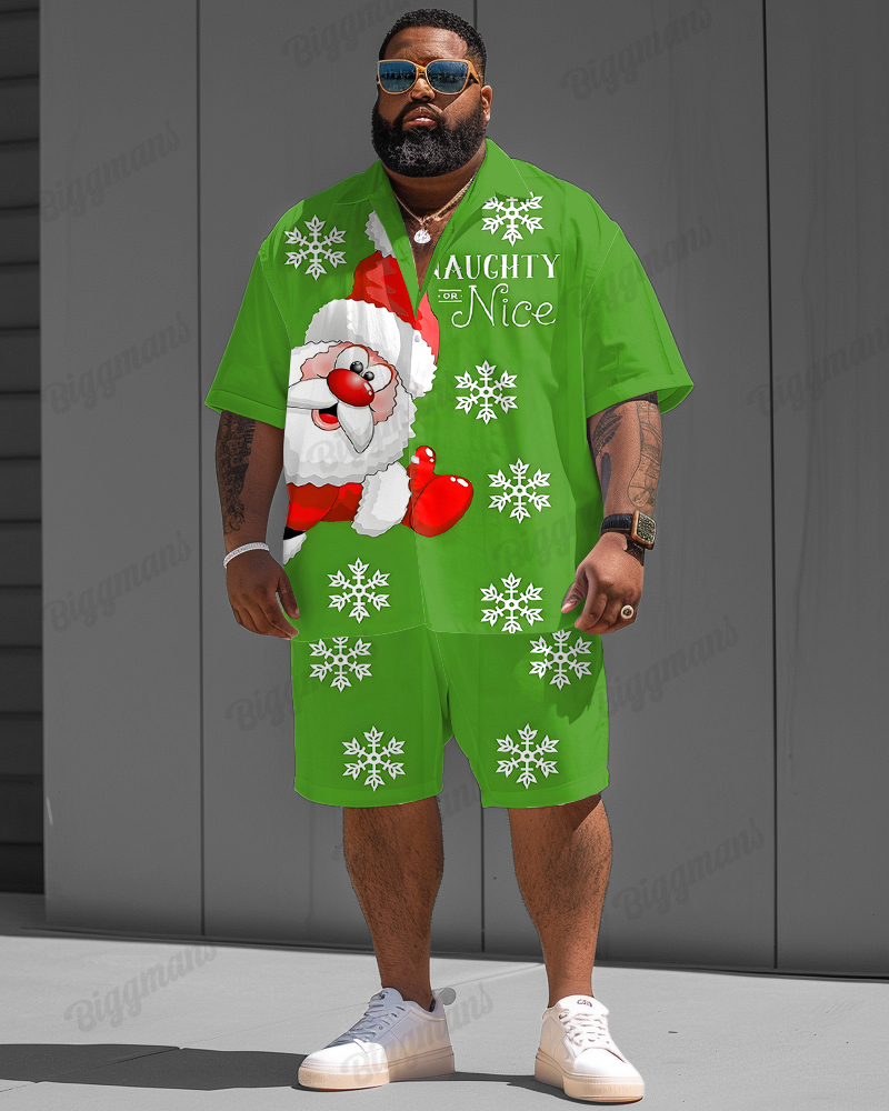 Big Guys Christmas Green Snowflake Santa Print Shirt Shorts Set