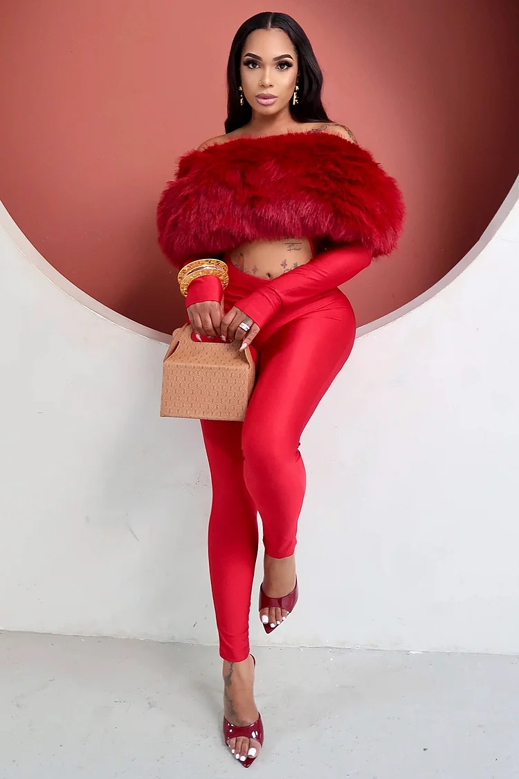 Faux Fur Patchwork Cutout Long Sleeve Bodycon Party Jumpsuit-Red [Pre Order]