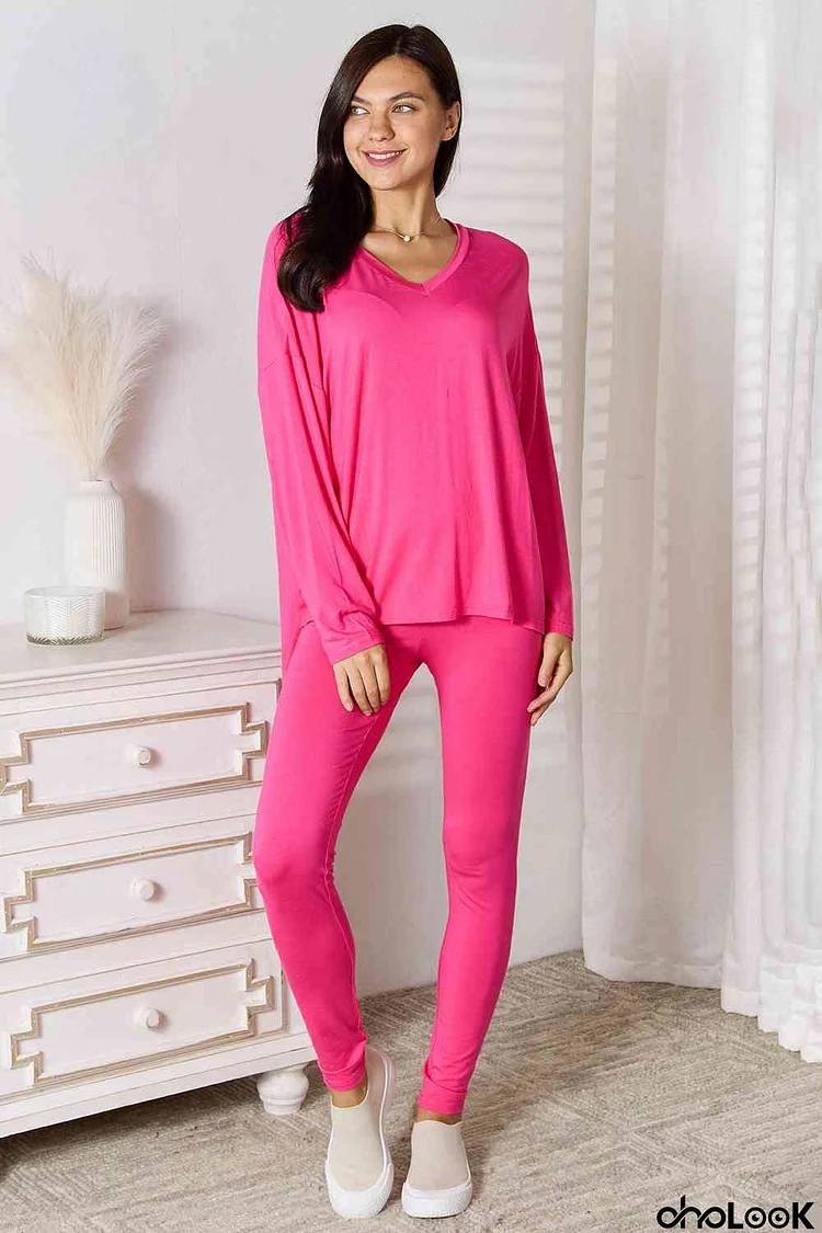 Basic Bae Full Size V-Neck Soft Rayon Long Sleeve Top and Pants Lounge Set