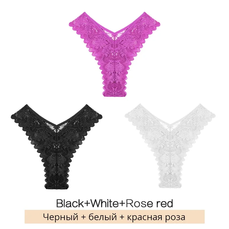 FINETOO Sexy Low-Rise Lace Panties 3Pcs/set Women Floral Brazilian Underwear S-XL Girls T-back Underpants Ladies Lingerie 2021