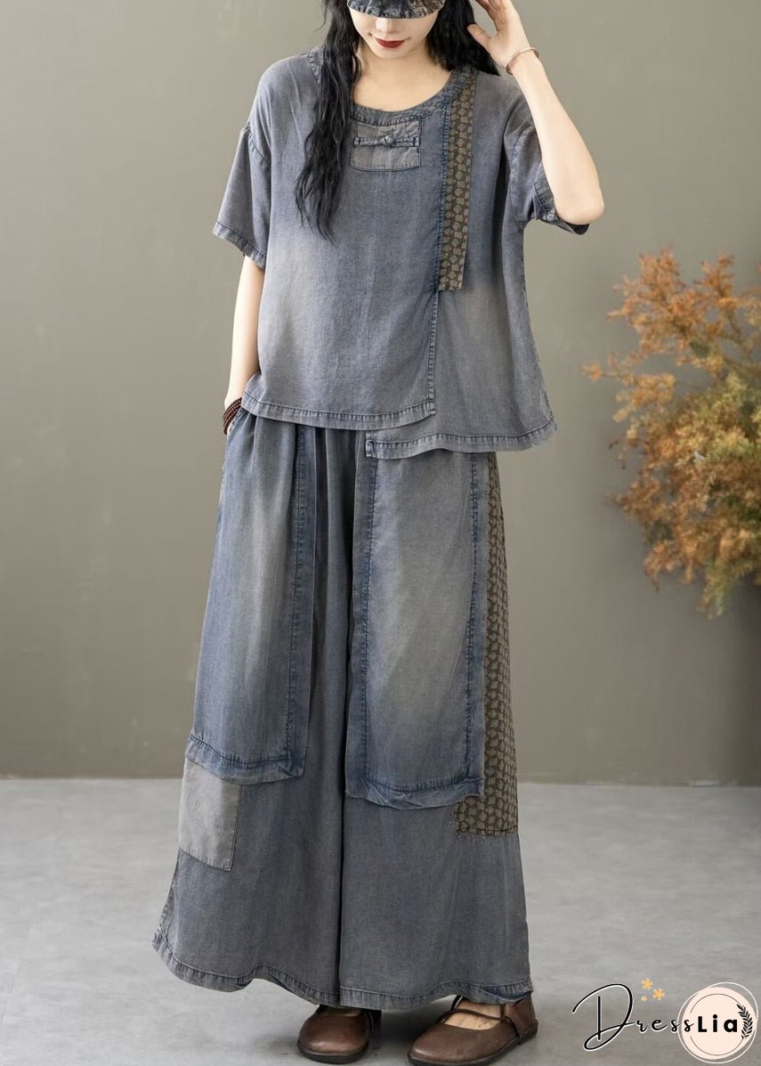 New Blue Pockets T Shirt And Wide Leg Pants Denim Two Pieces Set Summer