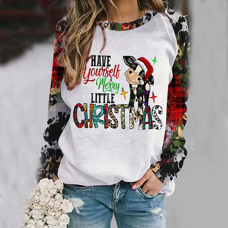 Wearshes Christmas Letter Animal Printed Round Neck Long Sleeve Sweatshirt