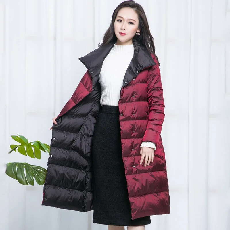 FTLZZ New Women Double Sided Down Long Jacket Winter Turtleneck White Duck Down Coat Double Breasted Warm Parkas Snow Outwear