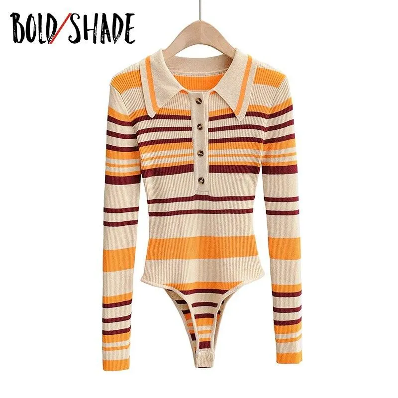 Bold Shade 90s Street Style Y2k Tops Colorblocking Striped Trun-down Collar Button Long Sleeve Indie Tee Slim Bodycorn T-shirts