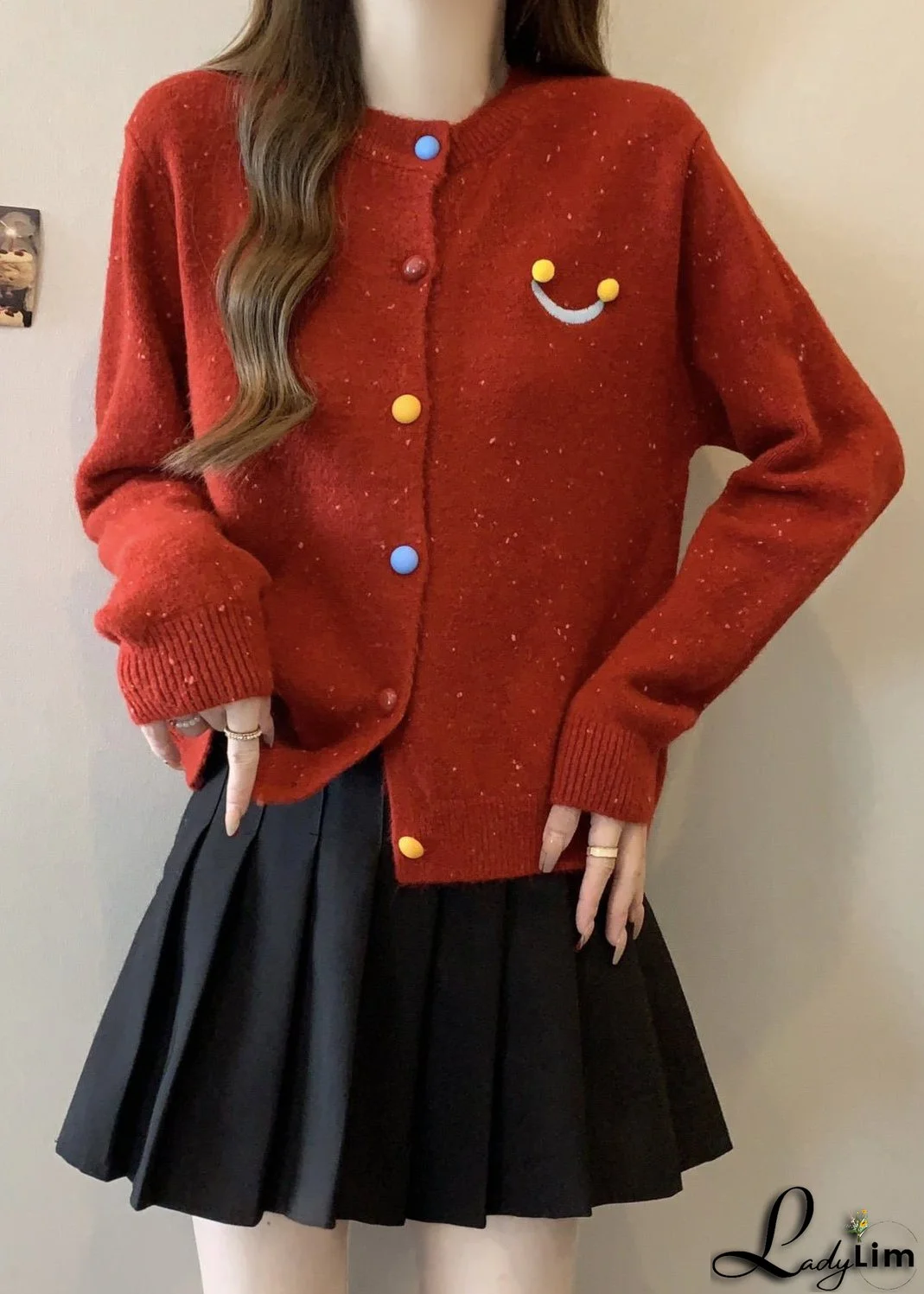 French Red O Neck Button Knit Cardigans Winter