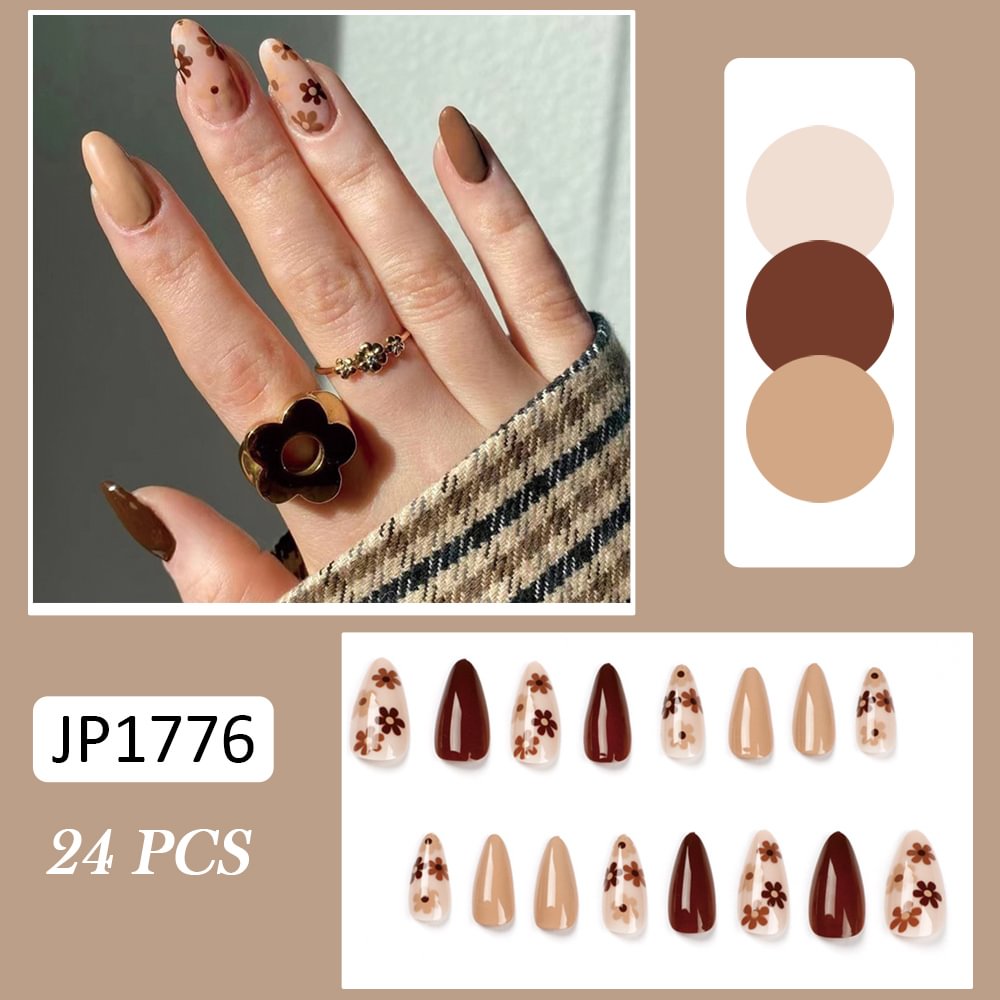Applyw Brown Color False Nails Small Flower Pattern Fake Nail for Women Girls Fake Nail Patch Press-on Nails Manicure Nail Art