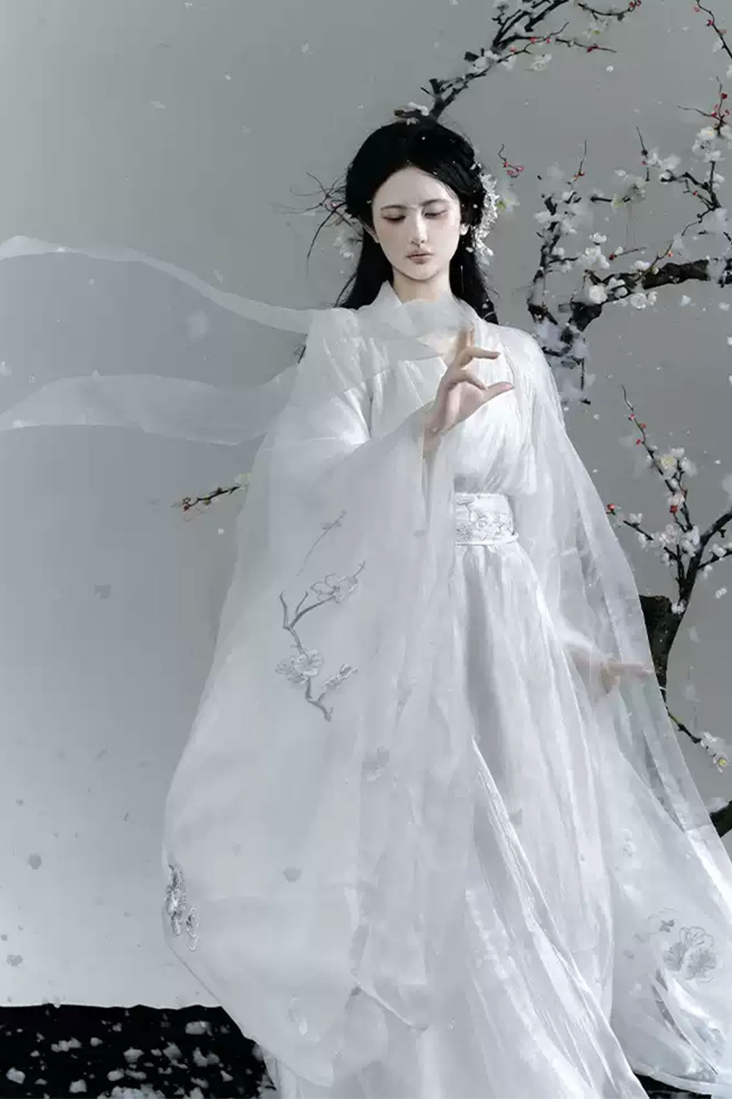 Wei Jin Dynasty White Hanfu Dress with Plum Blossom Embroidery - xuemei 雪梅 Stupa Stones