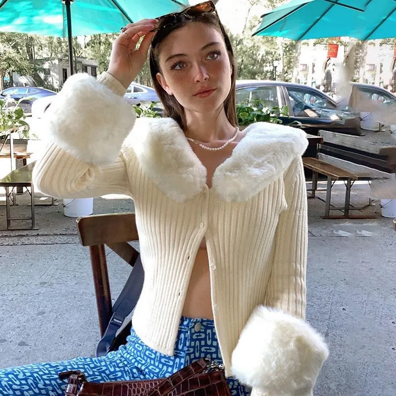 wsevypo 2021 Chic New Knit Rib Cardigans Sweaters Women's Fur Trim Collar Long Sleeve Jumpers Autumn Winter Elegant Outwear