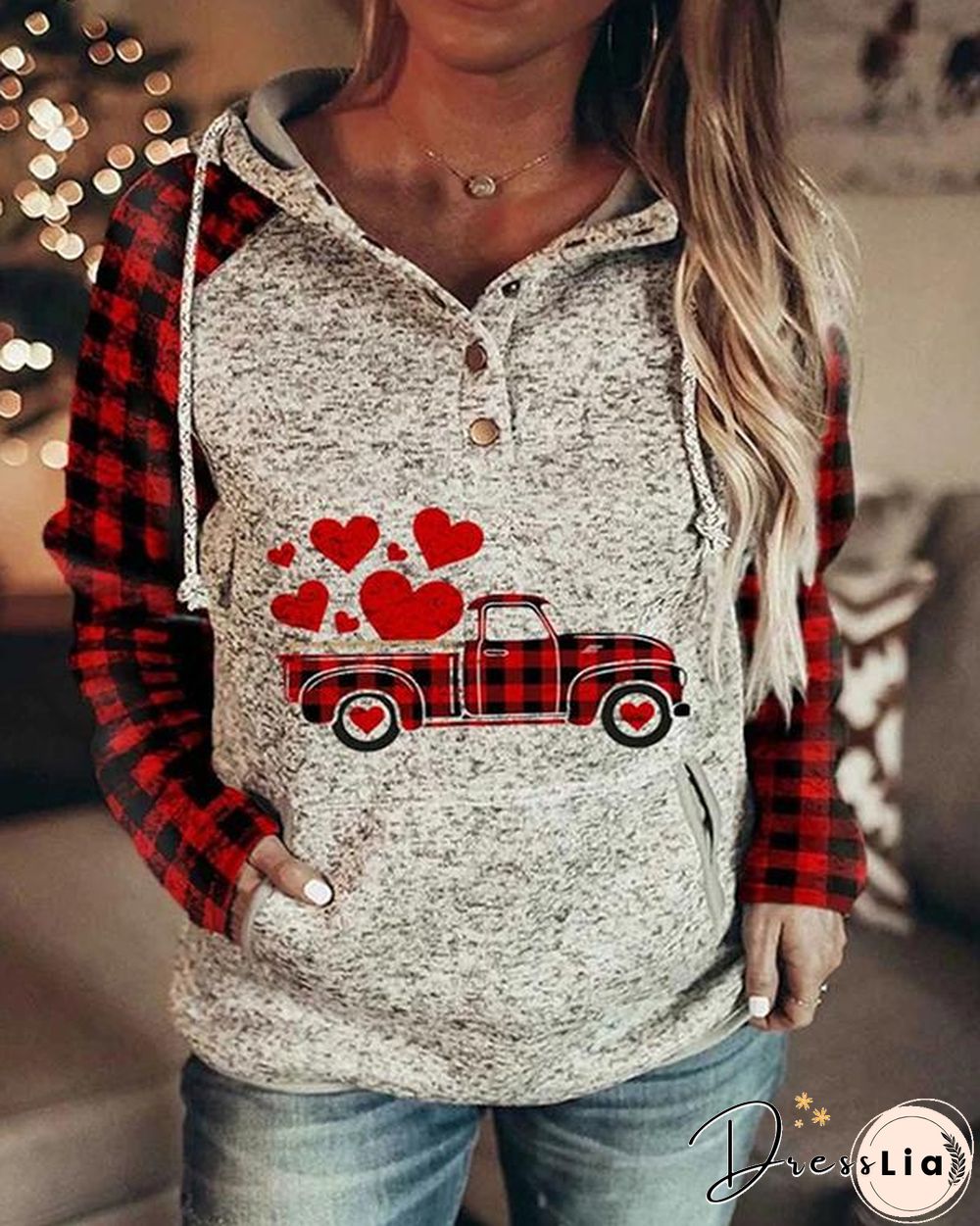 Women's Color-block Plaid Long-sleeve Pocket Hoodie