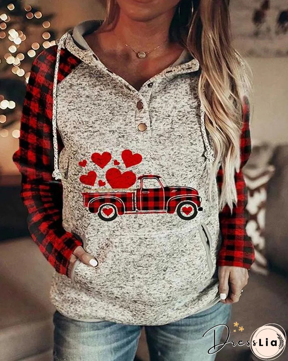 Women's Color-block Plaid Long-sleeve Pocket Hoodie