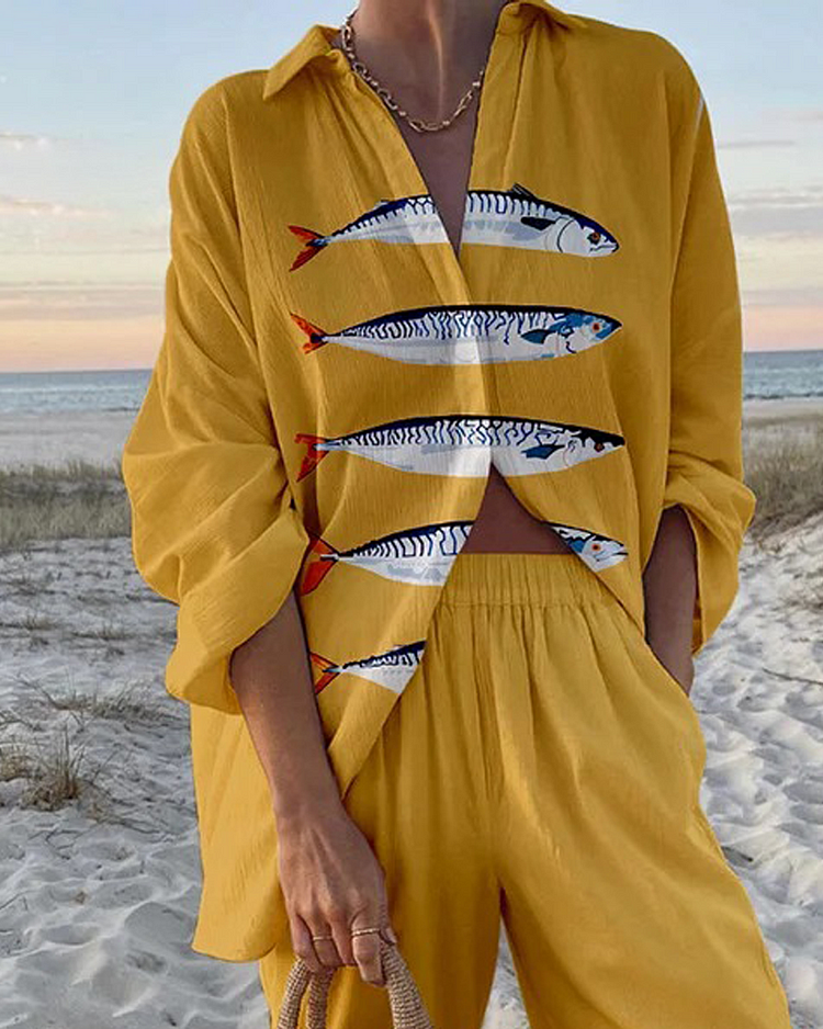 Retro vacation fish print two-piece set
