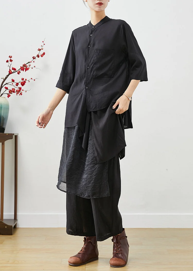 Style Black Asymmetrical Patchwork Linen Silk Two Pieces Set Fall