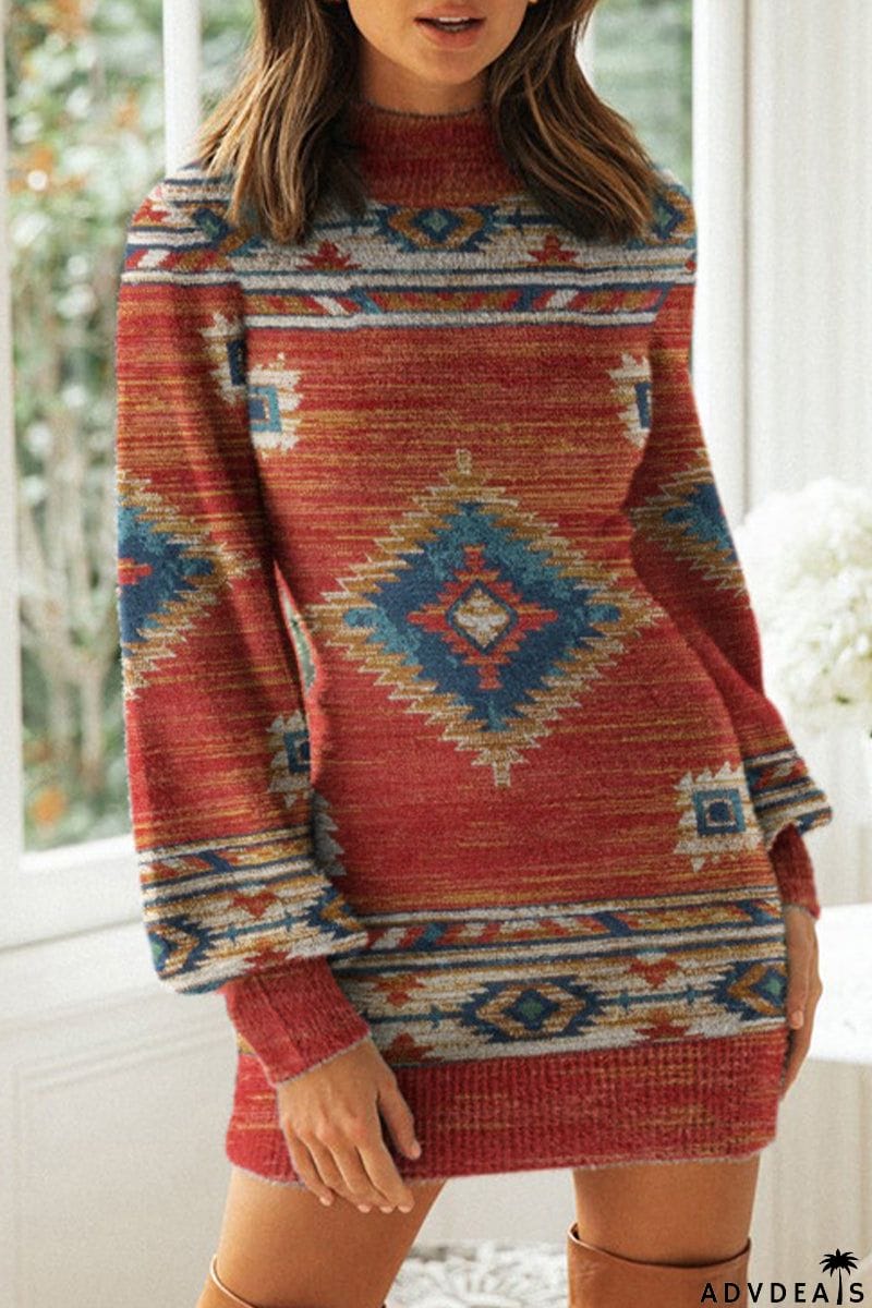 Work Print Patchwork Mandarin Collar One Step Skirt Dresses