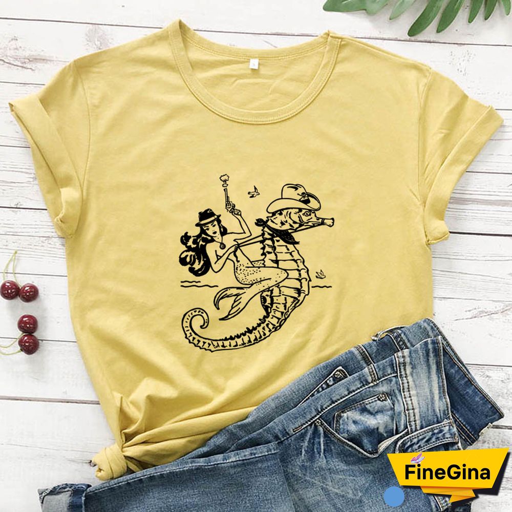 The Cowgirl Mermaid 100% Cotton T-shirt Aesthetic Sea-haw Rodeo Western Tshirt Funny Women Hipster Graphic Tee Shirt Top