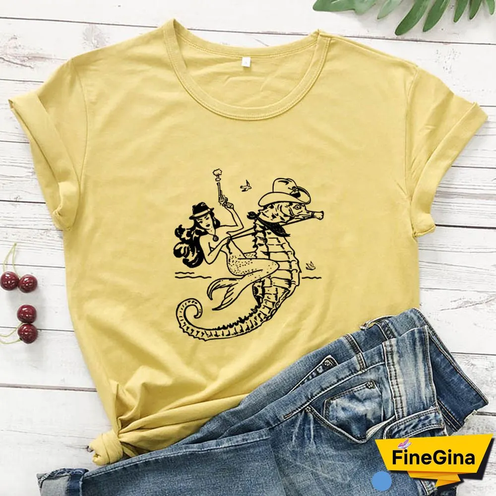 The Cowgirl Mermaid 100% Cotton T-shirt Aesthetic Sea-haw Rodeo Western Tshirt Funny Women Hipster Graphic Tee Shirt Top