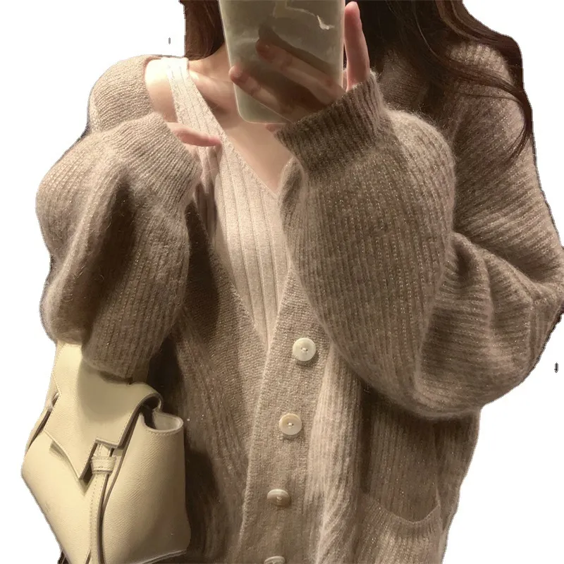 Churchf Churchf And Autumn Soft Soft Waxy Cardigan Female Loose Lazy Wind Fall Shoulder Sweater Coat V Collar Pocket Outside The Sweater Woman