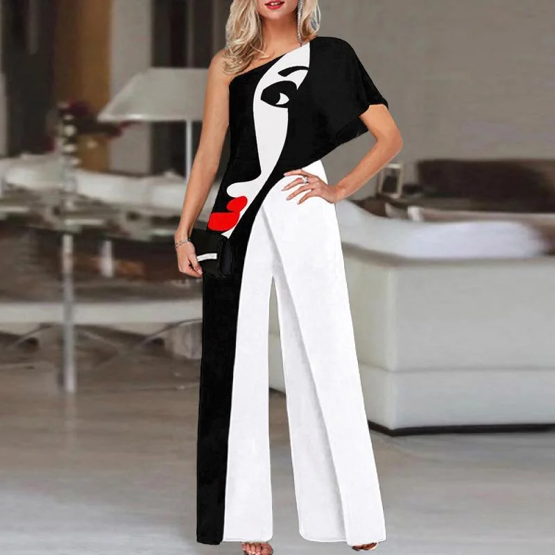 2021 jumpsuit European and American women's abstract printing fashion oblique shoulder loose wide-leg pants