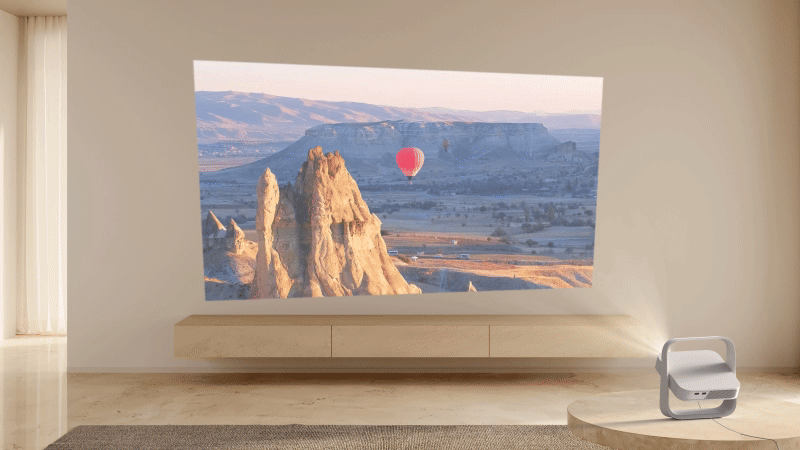 Elfin Flip projector with Auto Keystone Correction for easy image alignment.