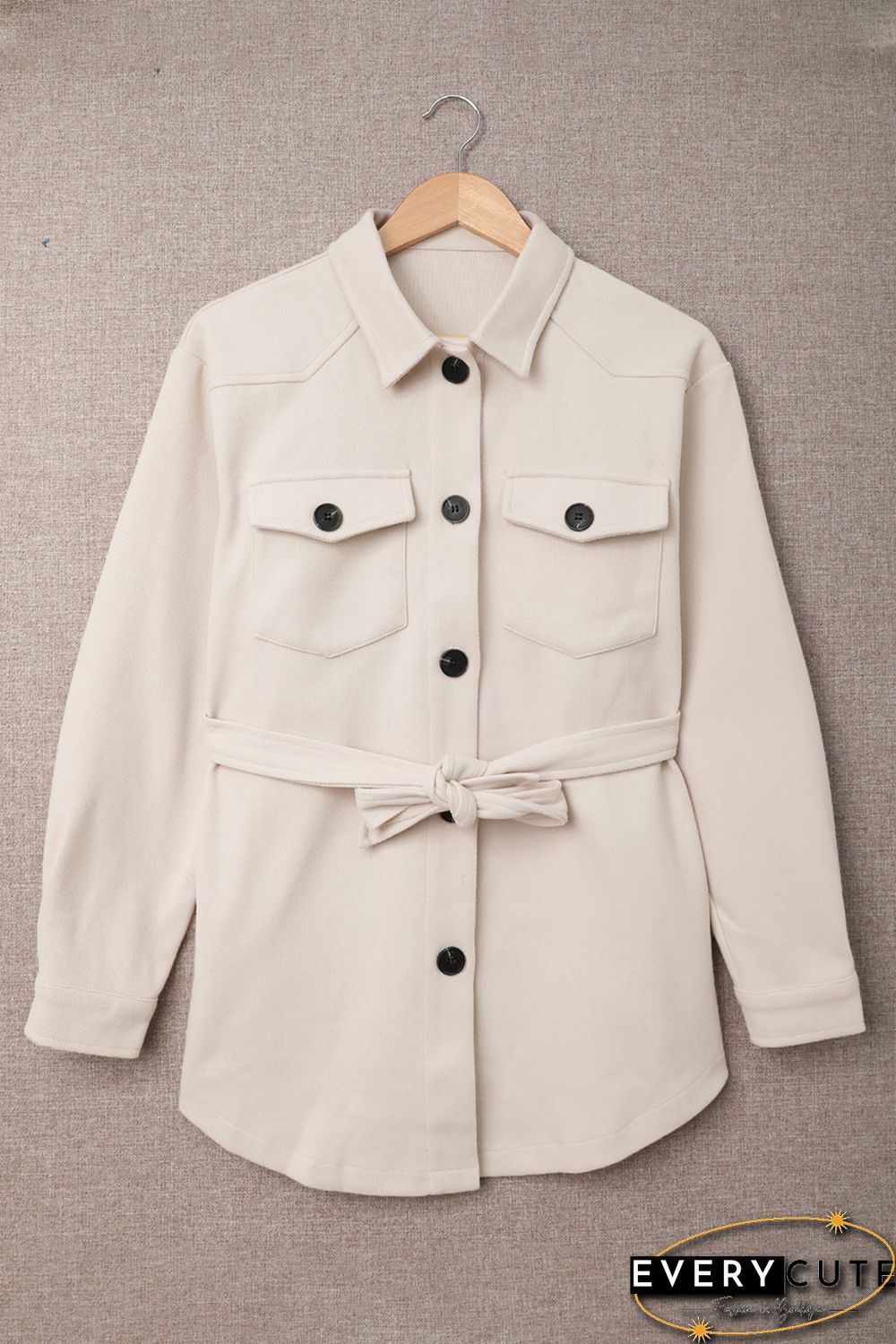 Khaki Lapel Button-Down Coat with Chest Pockets