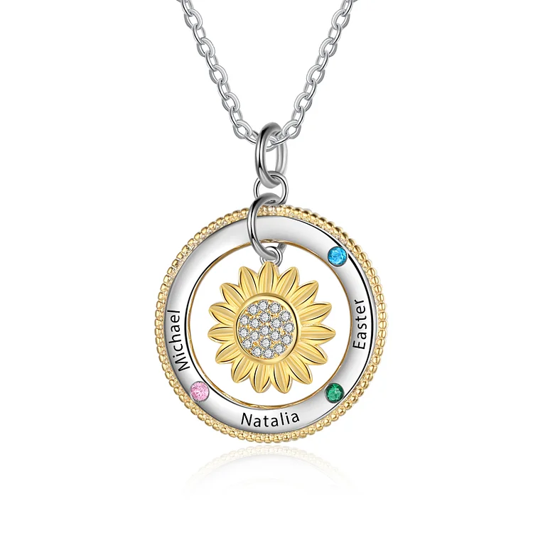 Personalized Sunflower Charm Necklace with 3 Birthstones for Her