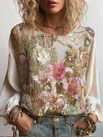 Bohème Lily Plant Printed Cotton Linen Round Neck Long Sleeve Top