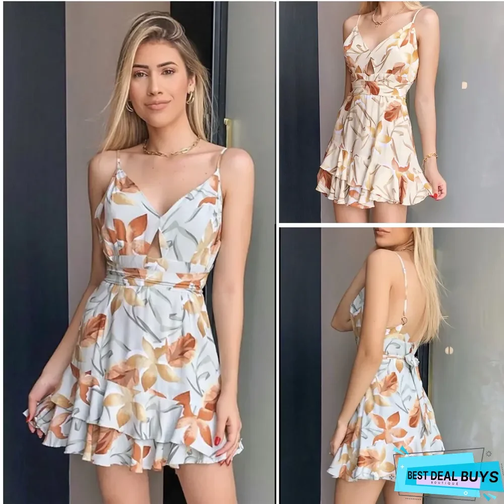 Slit Printed V Neck Sleeveless Women's Dress