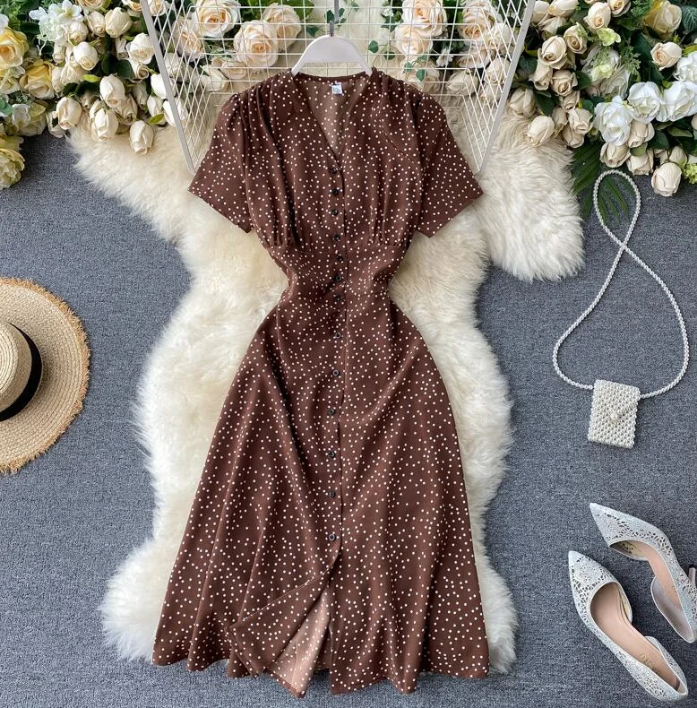 Vintage Polka dot print Chiffon Dress Women 2020 Summer V-neck Single-breasted Short sleeve Dresses Casual Vestidos Mujer