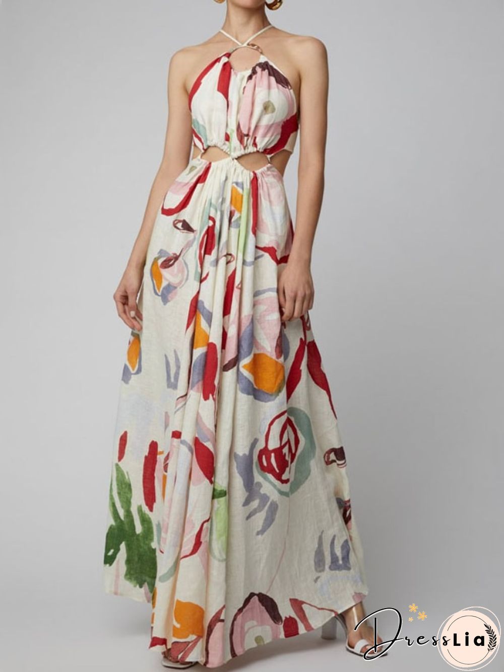 New Ladies Halter Neck Slim Fit Swing Print Fit Flared Skirt Beach Style Ladies Fashion Long Dress Sexy Nightclub Party Dress