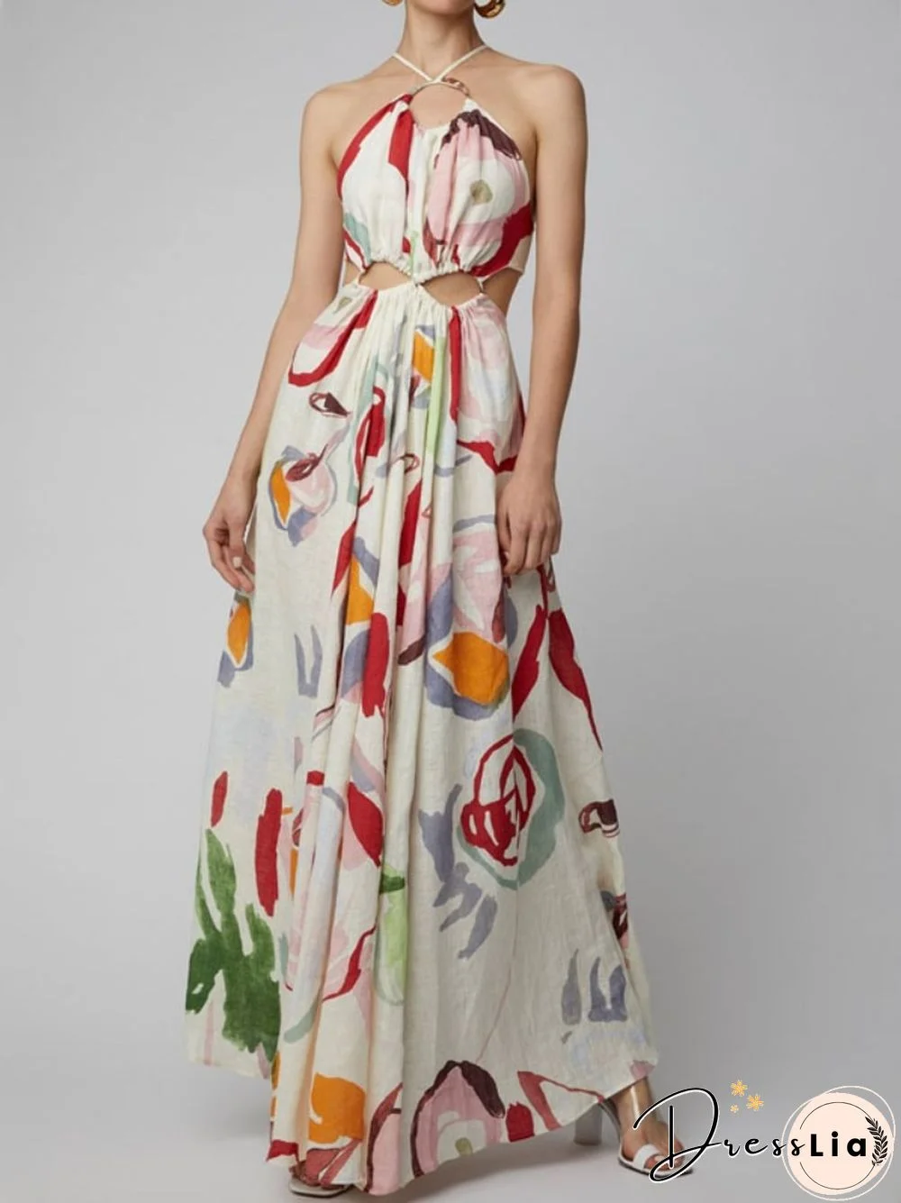 New Ladies Halter Neck Slim Fit Swing Print Fit Flared Skirt Beach Style Ladies Fashion Long Dress Sexy Nightclub Party Dress