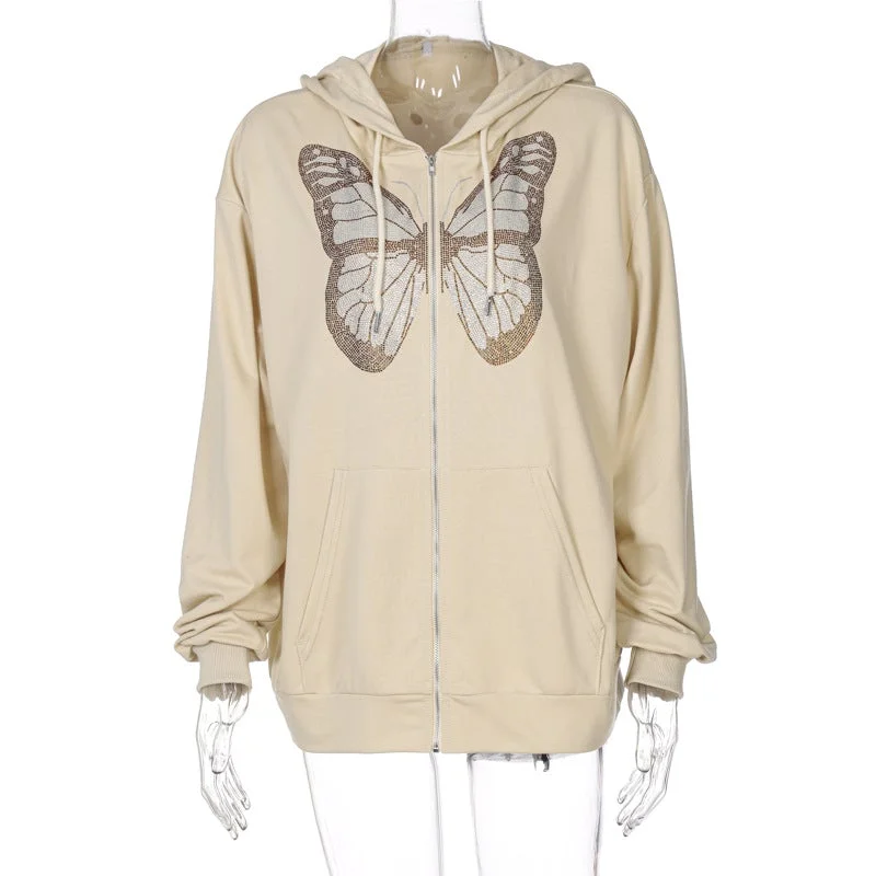 Oversized Hooded Sweatshirt Butterfly Print E Girl Style Zip Up Hoodie