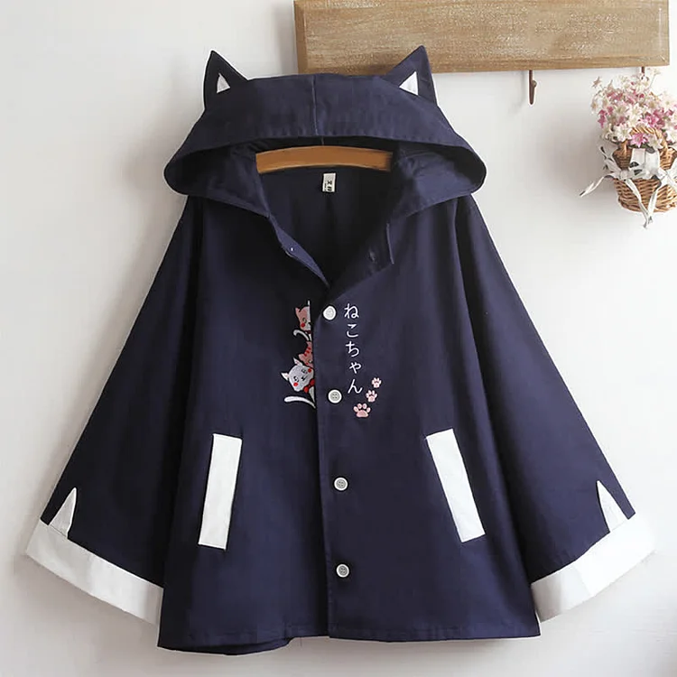 Kitty Embroidery Zipper Hooded Cloak Coat - Modakawa modakawa