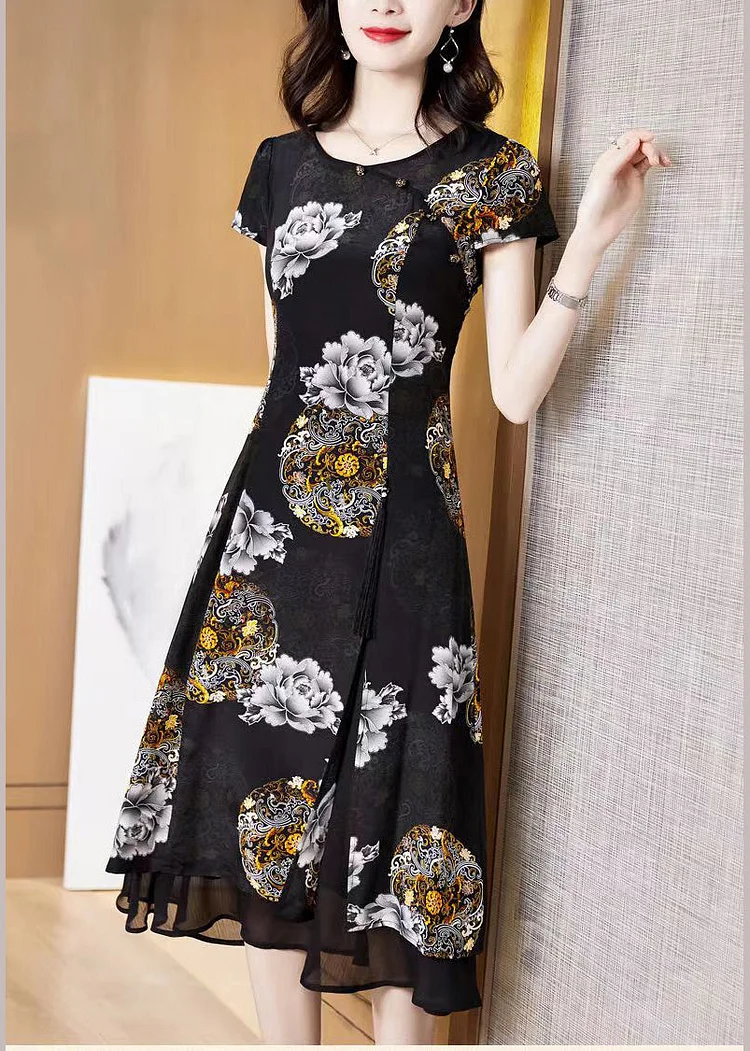 Classy Black O-Neck Print Layered Design Silk Holiday Dress Short Sleeve