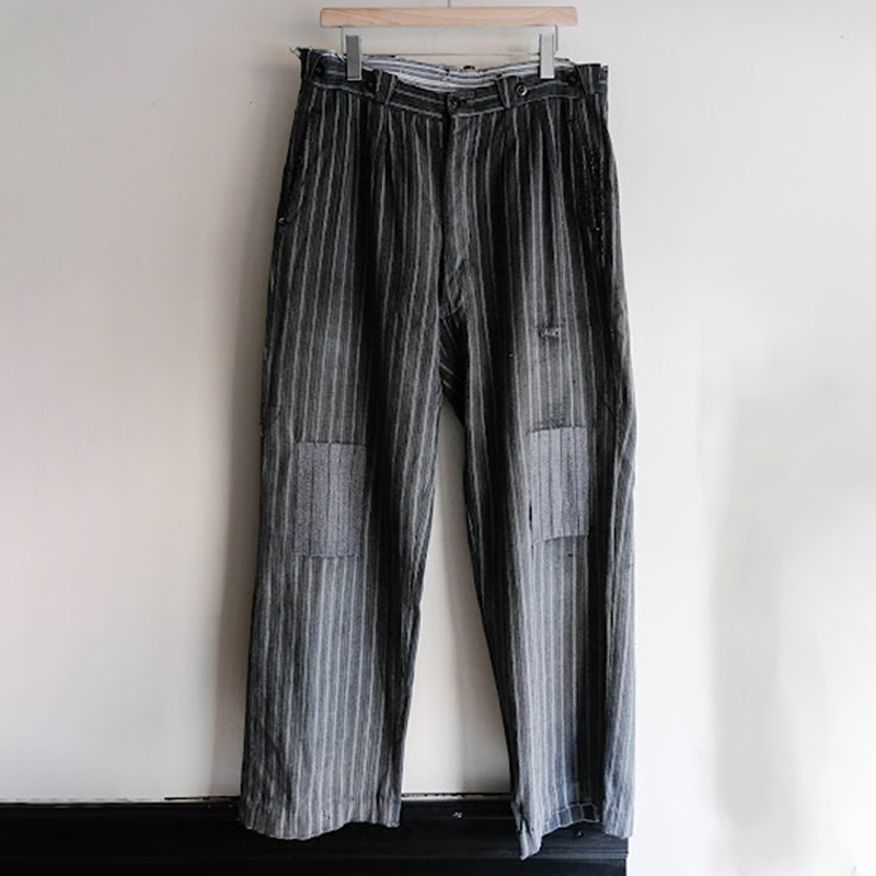 Men's Retro Striped Grey Straight Cotton and Linen Pants