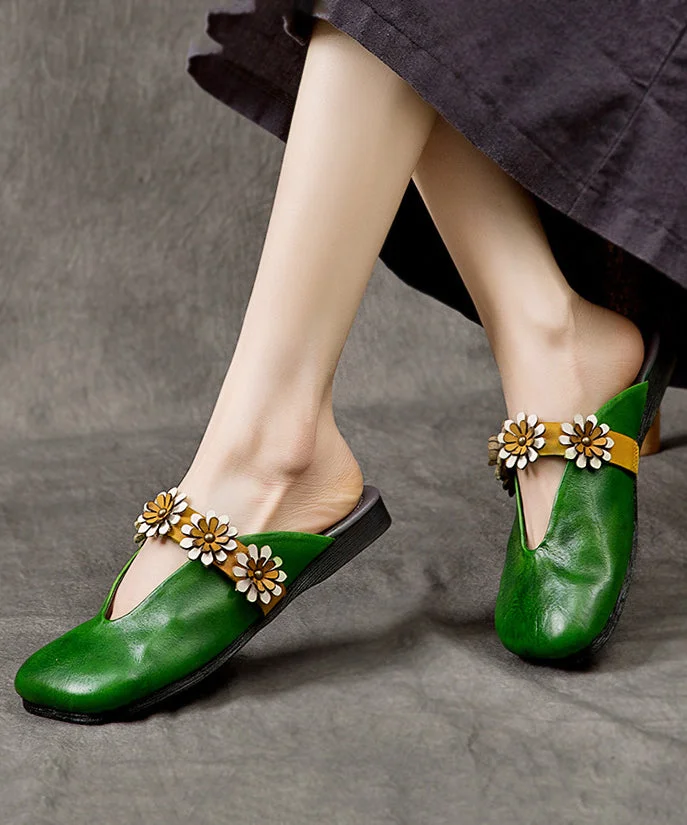 New Ethnic Style Green Floral Cowhide Leather Flats Slide Sandals