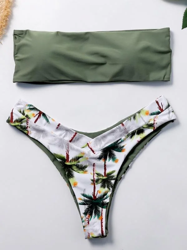 Bandeau Coconut-tree Printed Bikinis Swimwear