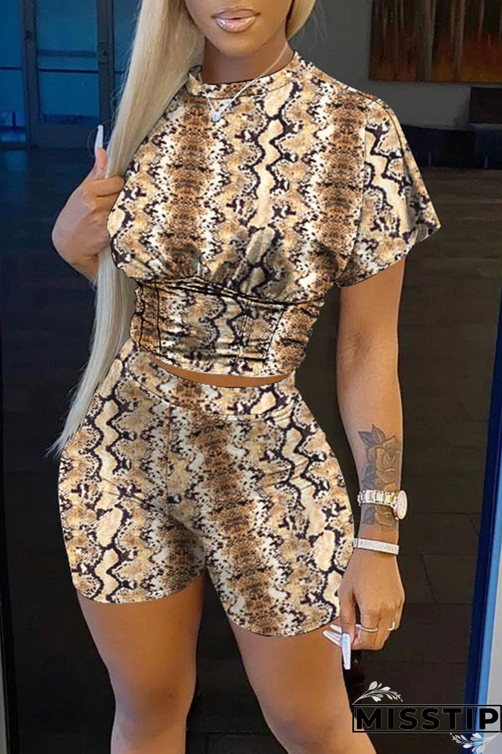 Brown Casual Print Patchwork O Neck Short Sleeve Two Pieces
