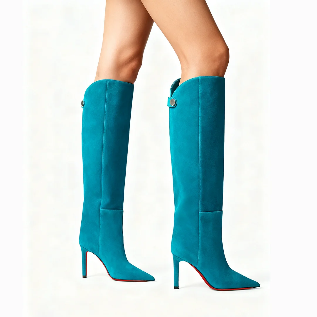 95mm Women's Pointed Toe Stiletto Heel Knee Red Bottom Boots-MERUMOTE