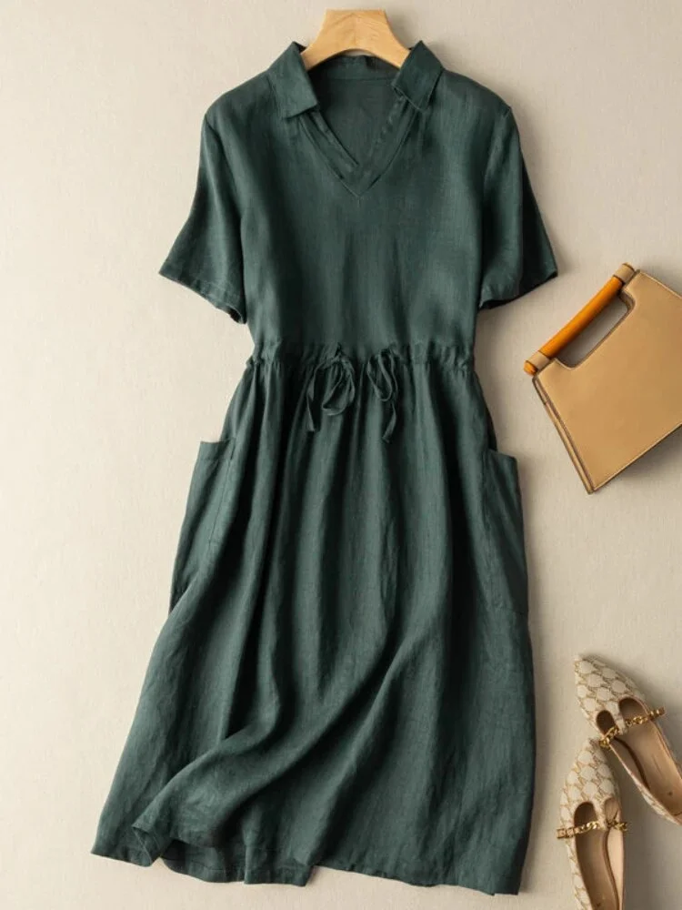Pongl Summer Short Sleeve Dresses Loose V-Neck Knee-Length Fashion Sexy Dress Solid Color Leisure Cotton Linen Vintage Dress