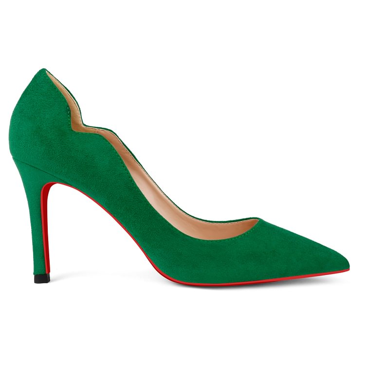 90mm Middle Heels Pointy Toe Red Bottom V-Cut Fashion Pumps Green Suede VOCOSI VOCOSI