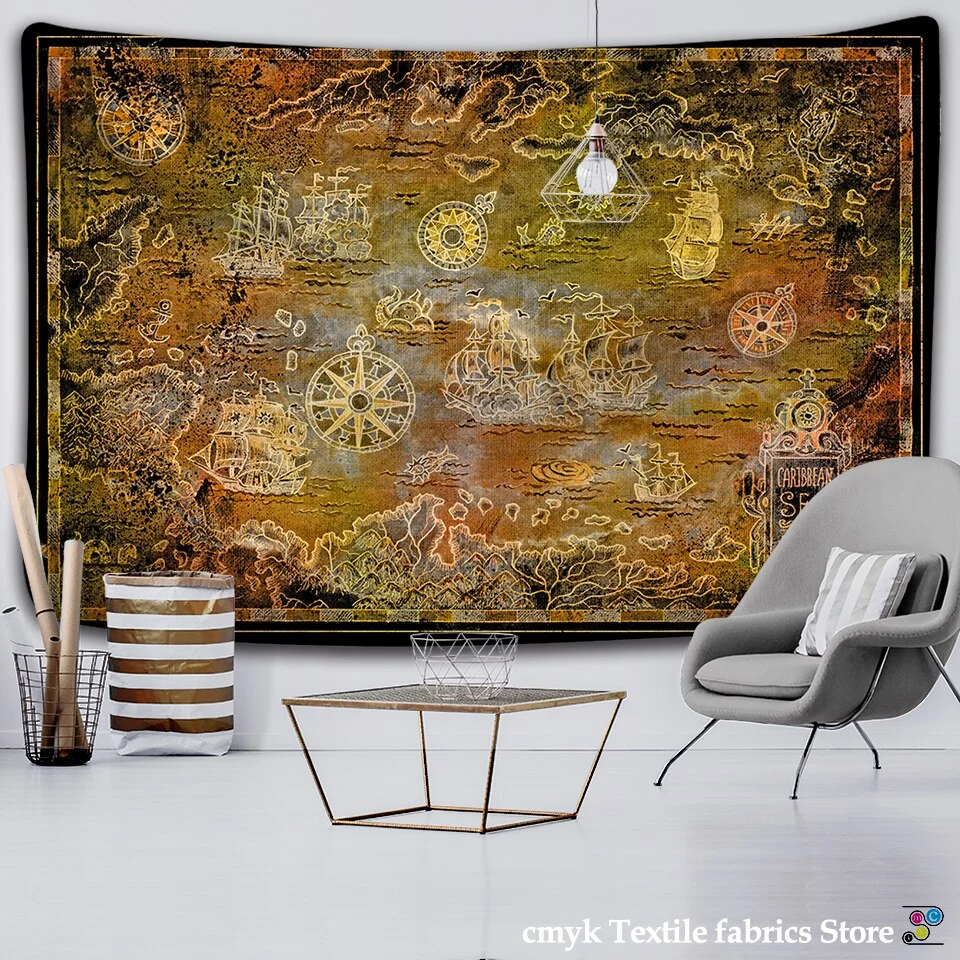 Nigikala World Map 3D Print Fabric Geometric Colorful Compass Wall Hanging Tapestry Retro Oil Painting Pirate Treasure Map