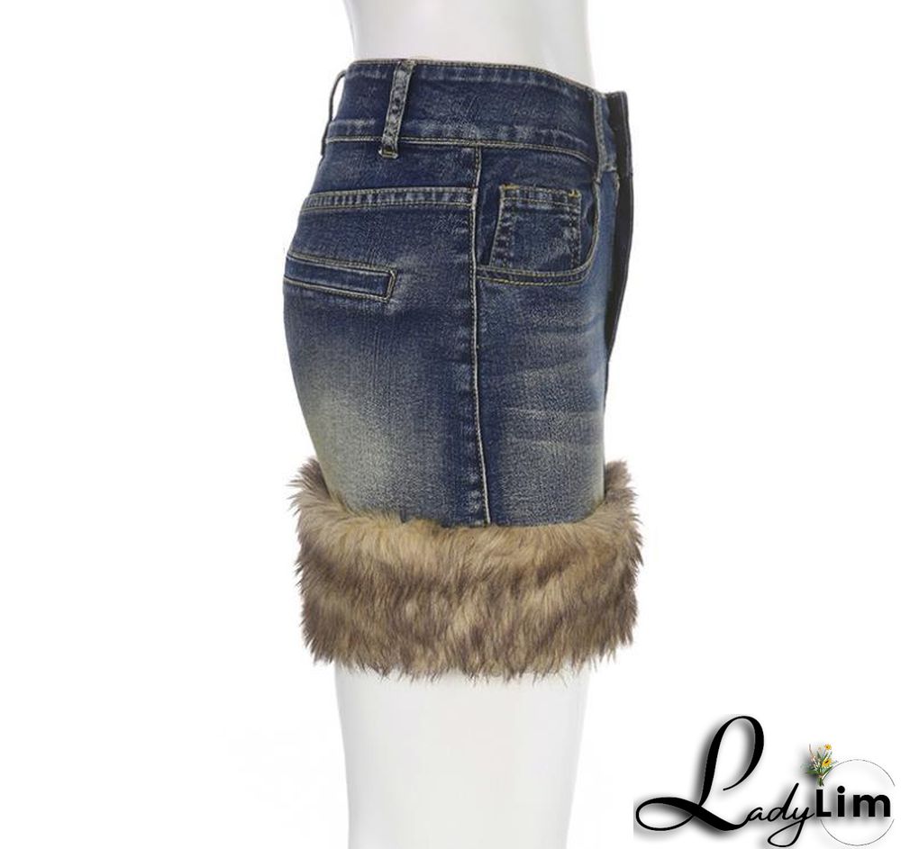 Fluffy Edge Wash Denim Retro Blue Stretch Skirt Female Style Bodycon Mini Skirt