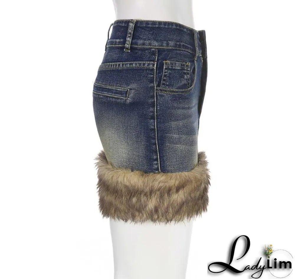 Fluffy Edge Wash Denim Retro Blue Stretch Skirt Female Style Bodycon Mini Skirt