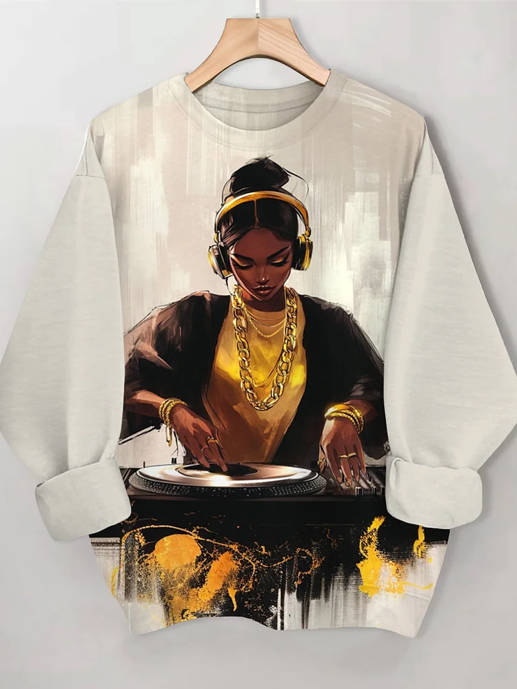 Women's Elegant Black Woman DJ Print Casual Sweatshirt