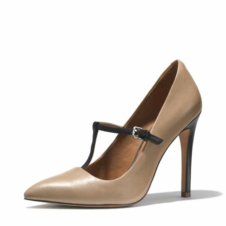 Dark Nude T-Strap Pointy Toe Stiletto Heels Office Pumps Vdcoo