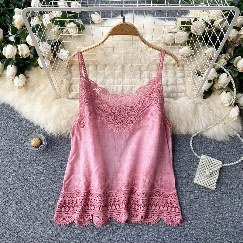 Croysier Tops Women 2021 Boho Clothing Vintage Embroidery Lace Trim Cami Top V Neck Sleeveless Spaghetti Strap Summer Camisole