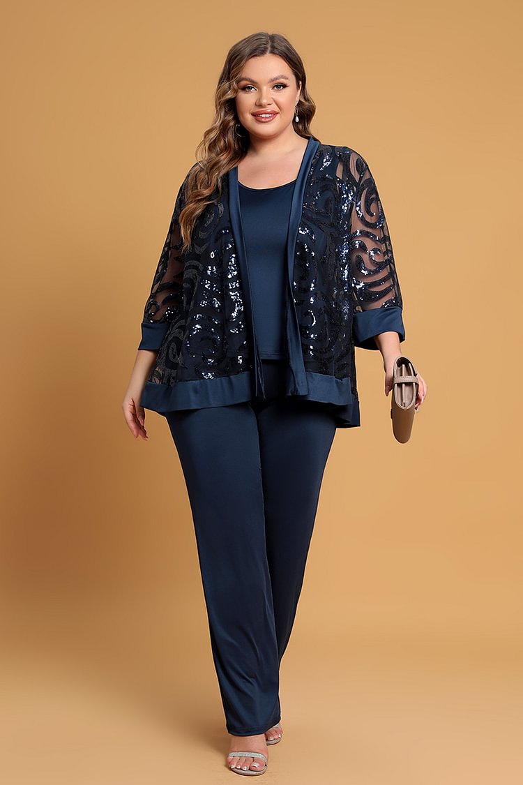 Flycurvy Plus Size Mother Of The Bride Navy Blue Mesh 3/4 Sleeve Formal Three Pieces Set Pant Suits FlyCurvy flycurvy [product_label]